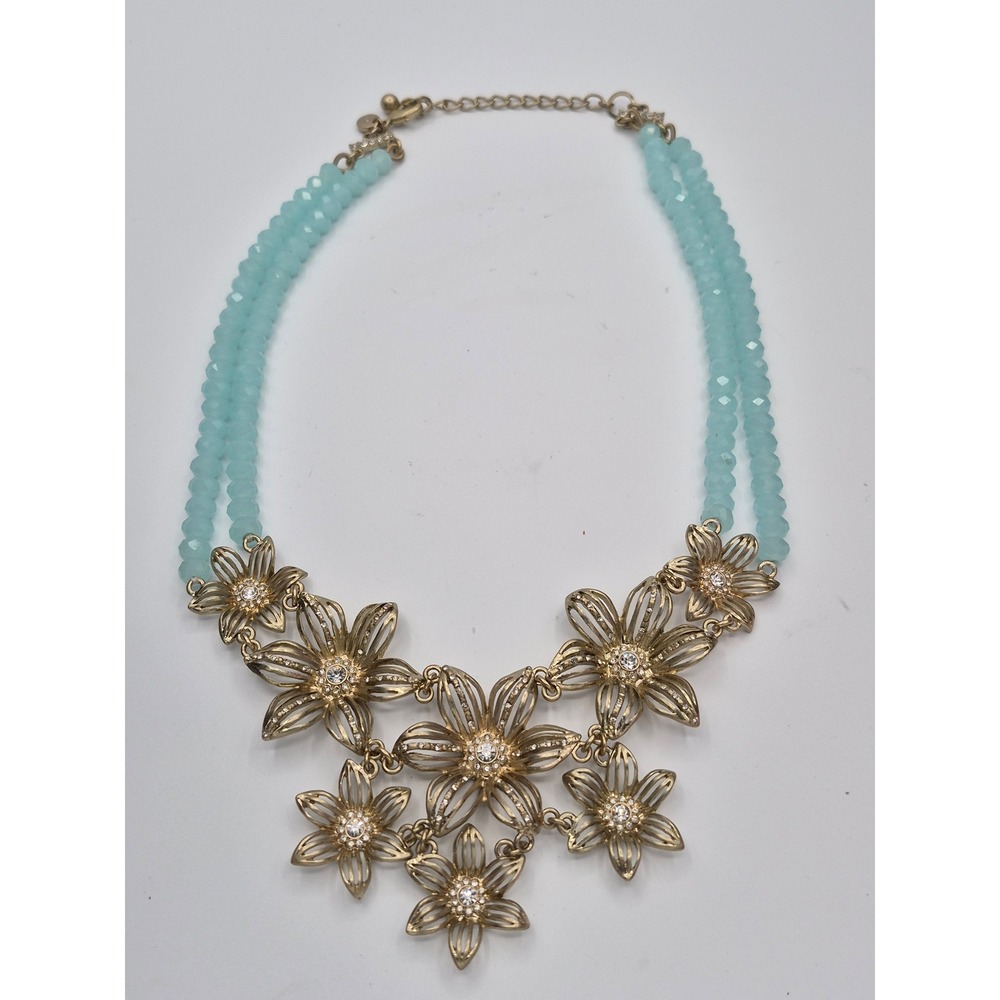 Necklace Bib Blue Beaded Glass Floral Ornate Statement Gold Tone